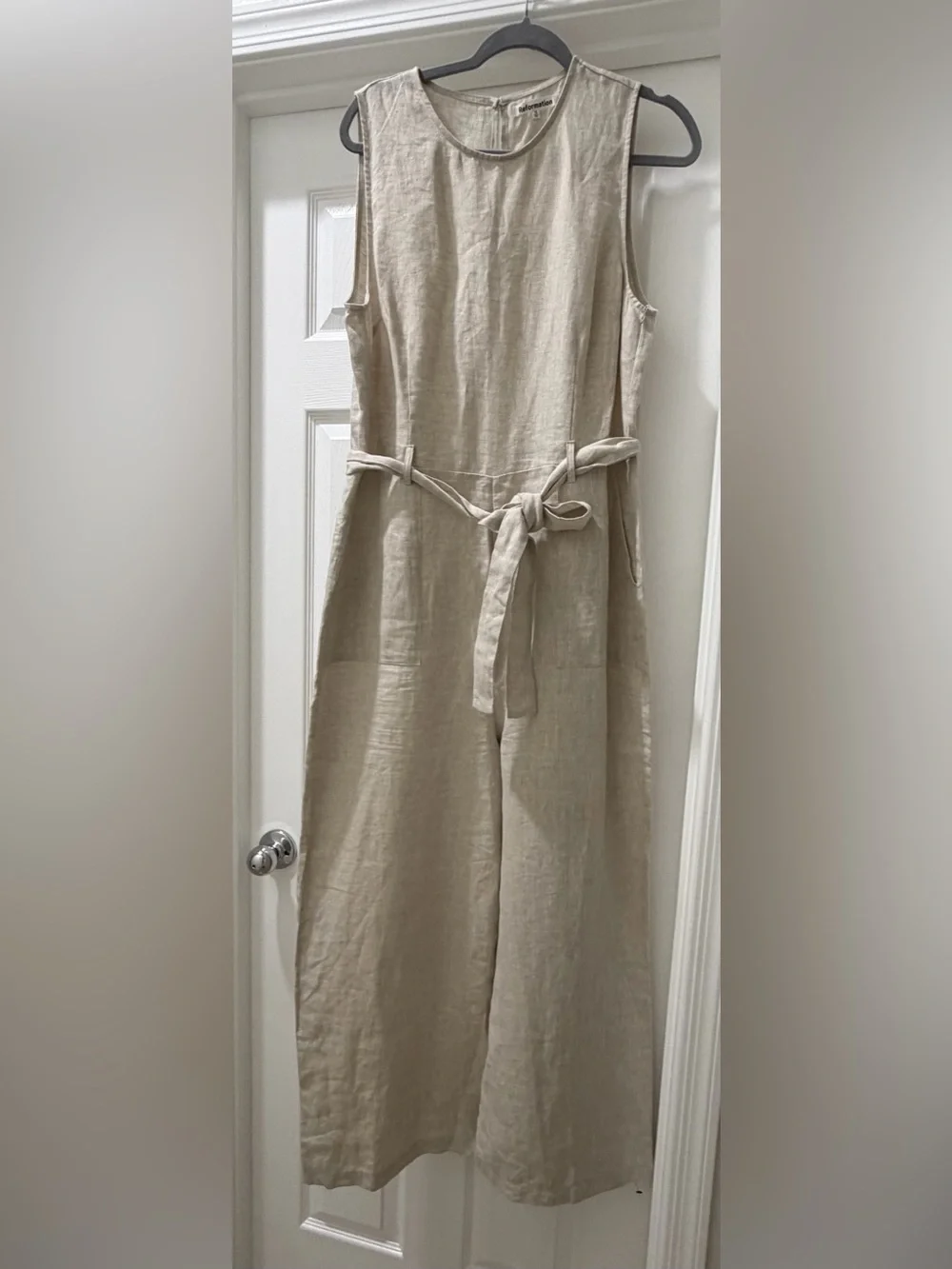 Reformation Naomi Linen Tie Jumpsuit Oatmeal Beige Size 12
